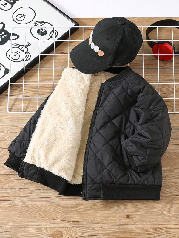 SHEIN 1pc Young Boys' Casual Solid Quilted Padded Warm Coat, Padded Coat, Quilted Coat Baseball Jacket With Thermal Lined Long Sleeve Pockets Outerwear Suitable For School, Garden, Beach, Birthday, Baby Shower Party, Autumn Winter
