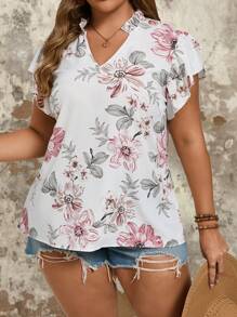 SHEIN VCAY Camisa blanca suelta de talla grande con estampado floral, cuello en V, ribete de volantes y mangas anchas impresión de flores, ideal para vacaciones - Multicolor - Ver 6