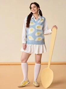 Gudetama X SHEIN Plus Size Cute Egg Printed V-Neck Sweater Vest - Blue - View 4