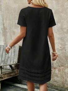 EMERY ROSE Women's Solid Color Round Neck Short Sleeve Simple Casual Dress, For Daily Wear - Black - View 2