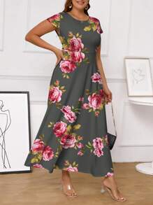 SHEIN Clasi Vestido de mujer de talla grande, largo, ajustado, con cintura fruncida y estampado de flores