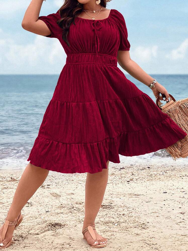 shein burgundy dress plus size Modelyn Plus Size Burgundy Red Elegant Square Neck Short Sleeve Party Dress Long Evening Dresses,3XL