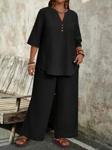 EMERY ROSE Ensemble top à encolure encochée, manches à rouler et pantalon à jambes larges