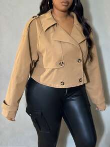 SHEIN SXY Plus Size Women's Double-Breasted Windproof Short Coat With Button Decorations - Khaki - View 6