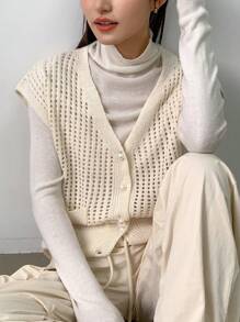 FRIFUL Top casual y cómodo de punto con malla, mangas cortas y botones para mujer con cuello en V