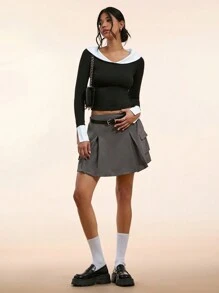 Forever 21 Women's Spring/Summer Color-Blocked Peter Pan Collar Long Sleeve Slim Fit T-Shirt