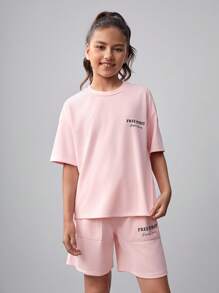 SHEIN Tween Girls' Loose Casual Sports Round Neck Short Sleeve T-Shirt And Shorts Set With Letter Print - Pink - View 1
