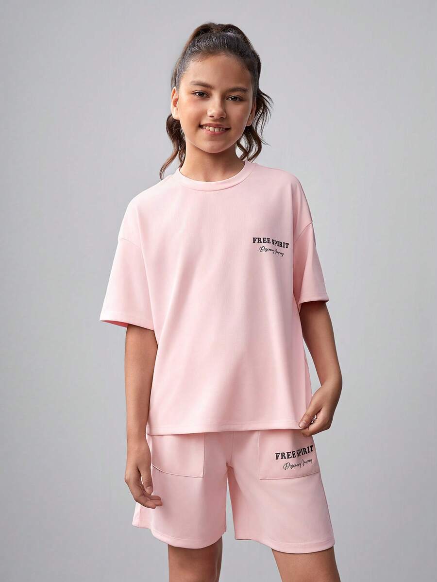 SHEIN Tween Girls' Loose Casual Sports Round Neck Short Sleeve T-Shirt And Shorts Set With Letter Print - Pink - View 1