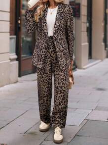 SHEIN Unity Women's Leopard Print Notched Lapel Long Sleeve Blazer And Pants Casual Set - Brown - View 4