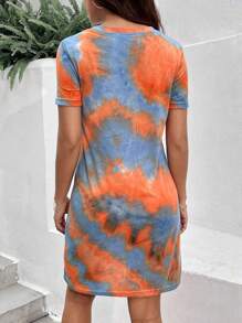 INAWLY Plus Size Round Neck Short Sleeve Tie-Dye Short Dress