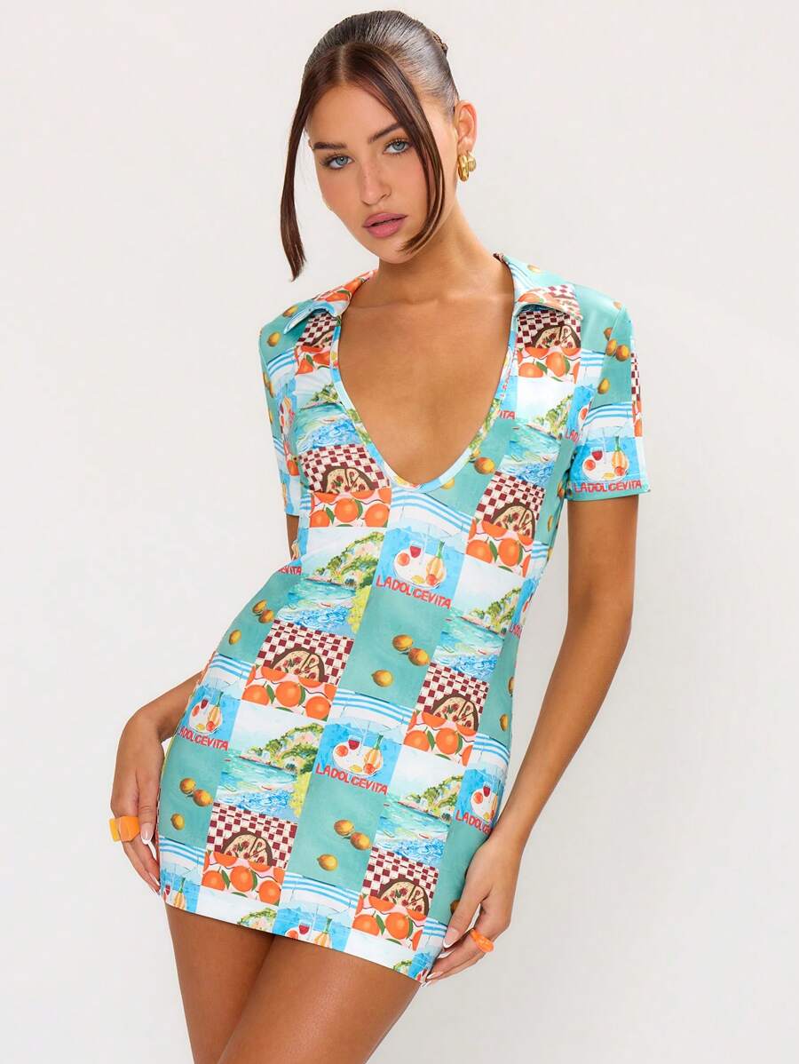 MUSERA Printed Collared Mini Dress Fitted, Summer, Holiday Outfit - Multicolor - View 1