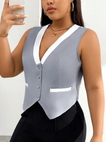 SHEIN Essnce Plus Size Color Block Sleeveless V-Neck Blazer - Grey - View 3