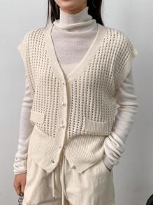 FRIFUL Top casual y cómodo de punto con malla, mangas cortas y botones para mujer con cuello en V