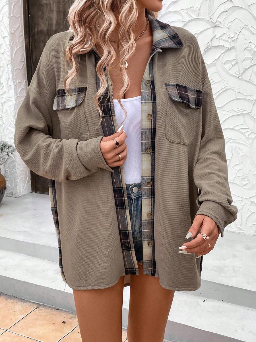 SHEIN LUNE 格紋印花落肩扣袋外套 - 彩色 - 查看 1