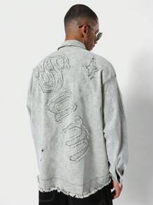 SUMWON Veste en jean délavé clair oversize usée avec bordure brute, design applique à lettrage déclaratif, pour le festival irlandais streetwear, avec charme de la Saint-Patrick porte-bonheur - Vert - Voir 1