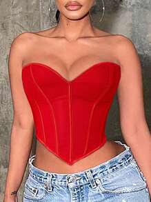 Apperloth A 浪漫红色缝线装饰系带露背短款上衣，性感束身胸衣，适合派对、夜店、音乐节等场合