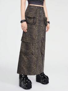 ROMWE Goth Leopard Print Flap Pocket Denim Skirt - Brown - View 3