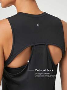 GLOWMODE Quick-Drying Cutout Back Round Neck Side Silts Sports Tank Gym Workout Daily - Black - View 4