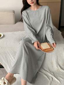 DAZY Striped Raglan Sleeve Loose Home Dress Pajama - Grey - View 1