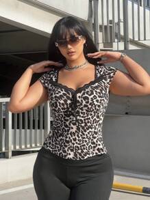 SHEIN MOOSTA 大码女式夏季鸡心领花卉蕾丝豹纹T恤图案猎豹纹T恤女式上衣 - 黑色 - 查看 6