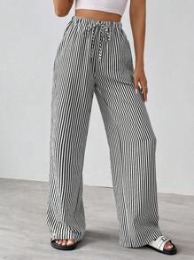 SHEIN Tall Striped & Printed Casual Daily Wear Women Spring/Summer Long Pants - Black - View 7