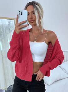 SHEIN LUNE Drop Shoulder Pocket Patched Open Front Crop Cardigan - Hot Pink - View 1