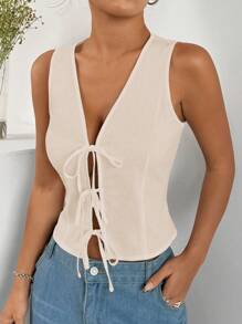 SHEIN EZwear Blusa sin mangas sólida con nudo frontal - Albaricoque - Ver 7