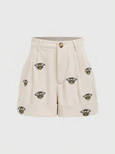Fairycore Plus Size Summer Casual Bee Embroidery Shorts, School