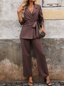SHEIN Clasi Lapel Neck Knot Side Blazer & Wide Leg Pants - Purple - View 7