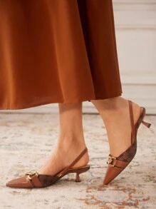 CUCCOO TILAWA Ladies' Vintage Floral Patchwork Design Pointed Toe Back Strap Kitten Heel Sandals With Chain Decoration, Comfortable For Daily Wear & Outdoor Family Gatherings In Spring/Summer, Brown Spring Shoes Spring Break Easter Prom Heels