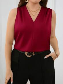 Firerie Áo ba lỗ nhún bèo thời trang cỡ lớn, màu sâm panh, cổ chữ V, dáng rộng, dài, đơn giản và phù hợp với trang phục công sở hàng ngày - Màu Đỏ Sâu - Xem 7