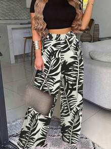 Conjunto de dos piezas con top corto ajustado y pantalones anchos de pierna ancha con estampado para mujer - Multicolor - Ver 3