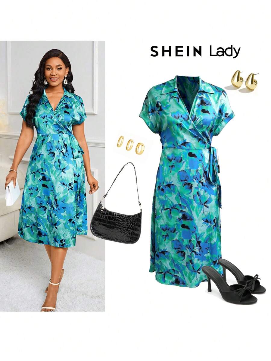 SHEIN Lady Blue And Green Printed Wrap Style Lady Dress For Work Or Party Women Vintage Clothes Teacher Dress - Multicolor - View 1