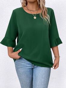 SHEIN LUNE 大尺寸圓領純色夏季休閒襯衫 - 墨綠色 - 查看 5