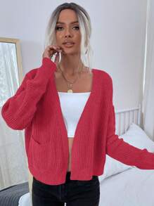 SHEIN LUNE Drop Shoulder Pocket Patched Open Front Crop Cardigan - Hot Pink - View 3