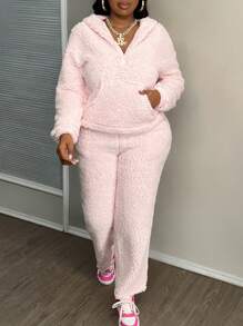 Slaydiva Women's Basic Hooded Cropped Casual Sports Set - Pink - View 5