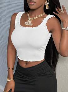 Slaydiva Camiseta básica dulce y linda blanca de ribete con correa de encaje, cuello redondo, sin mangas, elástica y ajustada para mujer, camiseta sin mangas de verano