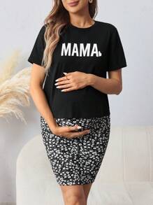 SHEIN Maternity Letter Graphic Tee & Striped Print Skirt Set - Black - View 7