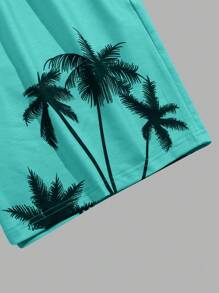 Manfinity RSRT Conjunto de 2 piezas para hombres de talla grande: camiseta de cuello redondo de manga corta con gráfico de letras y pantalones cortos tropicales con cordón, adecuado para vacaciones y playa