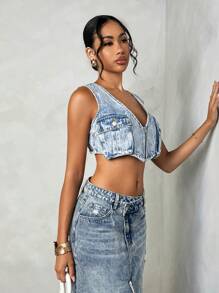 SHEIN BAE 口袋拉鍊短版背心牛仔上衣 - 藍色 - 查看 5