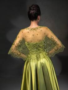 Novo conjunto de vestido elegante e vestido longo com xale de renda verde-oliva - Verde Oliva - Visão 8