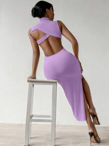 VaVaBold Solid Color High Neck Sleeveless Backless Dresses For Women