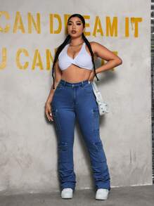 SHEIN ICON 大码时尚水洗牛仔喇叭裤，带多个口袋 - 深色水洗藍 - 查看 3