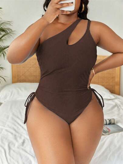 Swim Lushoire 加大码镂空单肩抽绳侧连体泳衣夏季