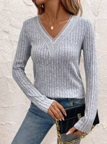 EMERY ROSE V Neck Floral Lace Embellished Neckline Brushed Rib Casual Eleagnt Women T-Shirt For Spring/Fall - Grey - View 5