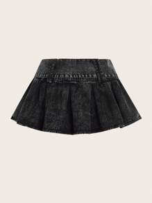 SHEIN SXY Y2k嬉皮潮流古怪龐克超低腰開叉內襯人字斜紋A字裙，帶雪花紋編織和陽光圖案扣帶的寬腰帶，雙排蜜豆鈕扣撕裂牛仔裙裙 - 黑色 - 查看 3