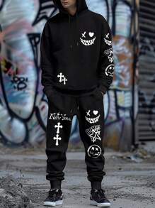 Manfinity EMRG Men's Cartoon Graphic Long Sleeve Hoodie And Drawstring Jogger Pants Set With Pockets, Casual Going Out Track Suit
