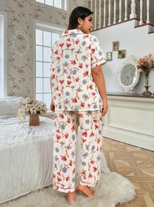 CottageSlumber Plus Size Women Bubble Wrinkle Printed Short Sleeve Button-Down Top & Long Pants Pajama Set - Multicolor - View 2