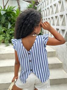 SHEIN Blusa Para Niña Preadolescente Con Diseño A Rayas, Ribete Con Volantes Y Botones En La Espalda