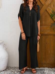 EMERY ROSE Ensemble top à encolure encochée, manches à rouler et pantalon à jambes larges